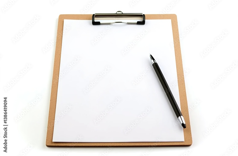 A wooden clipboard with a blank white sheet clipped on a white background, black pen beside it, minimalist composition A wooden clipboard with a blank white sheet clipped on a white background, black pen beside it, minimalist composition