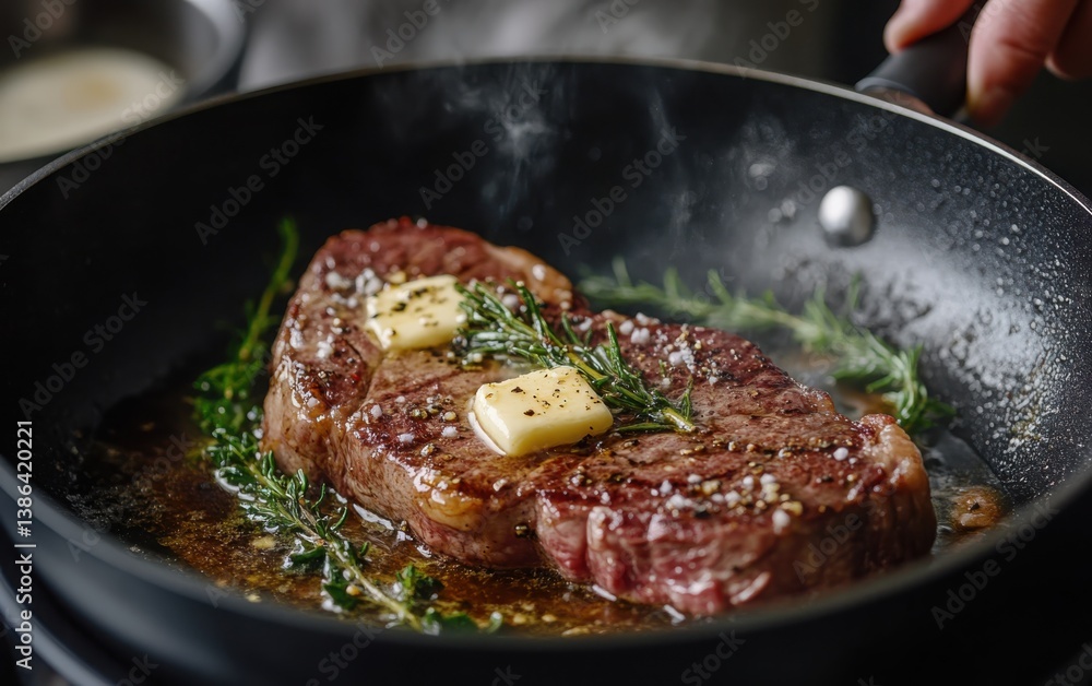 Sizzling steak with herbs and melting butter in a hot skillet. Sizzling steak with herbs and melting butter in a hot skillet.
