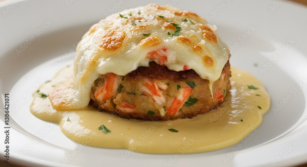 Crab cake topped with melted cheese and served with a creamy sauce on a white plate, garnished with fresh parsley. Seafood delight. Crab cake topped with melted cheese and served with a creamy sauce on a white plate, garnished with fresh parsley. Seafood delight.