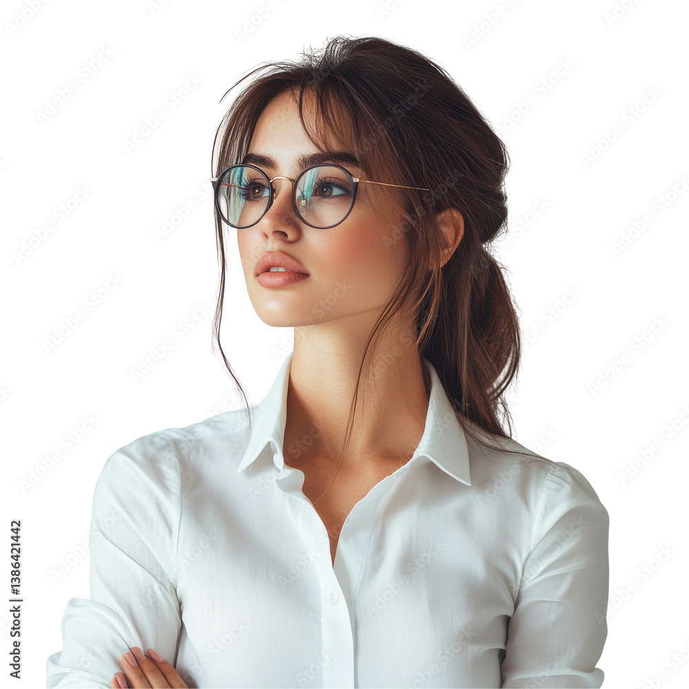 Stylish Woman in White Shirt and Glasses Thoughtful Pose isolated on transparent background Stylish Woman in White Shirt and Glasses Thoughtful Pose isolated on transparent background