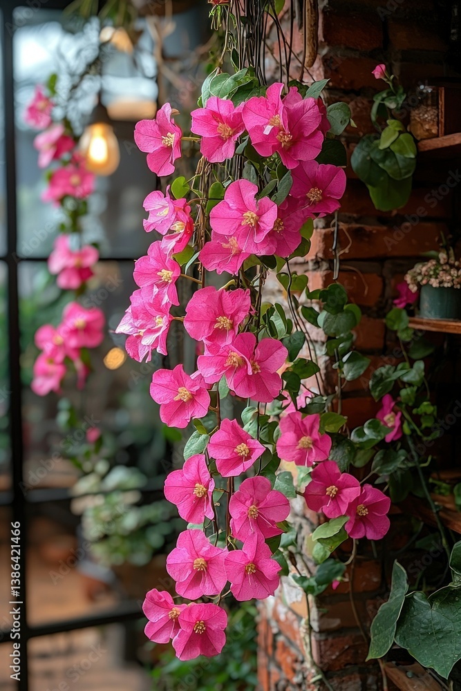 Fototapeta premium Vibrant Pink Bougainvillea Cascading Down a Brick Wall