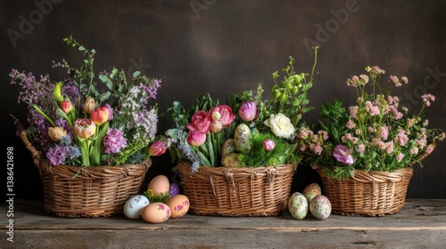 Wallpaper Mural A beautifully arranged display of three wicker baskets overflowing with vibrant spring flowers, including tulips and assorted flora, set against a dark background. Each basket contains colorful, decor Torontodigital.ca