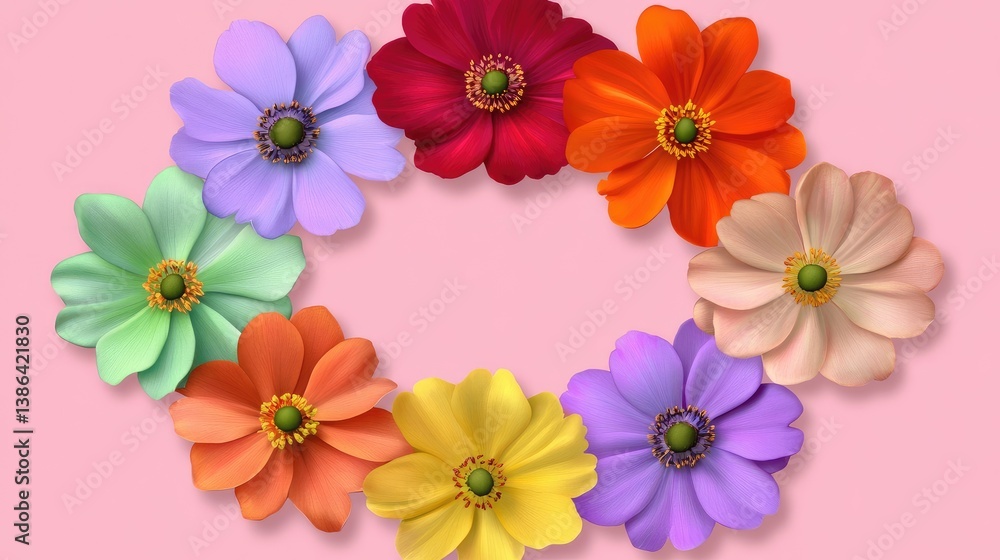 Blooming bunch of multicolored blossoms arranged in circle on muted pink background Blooming bunch of multicolored blossoms arranged in circle on muted pink background