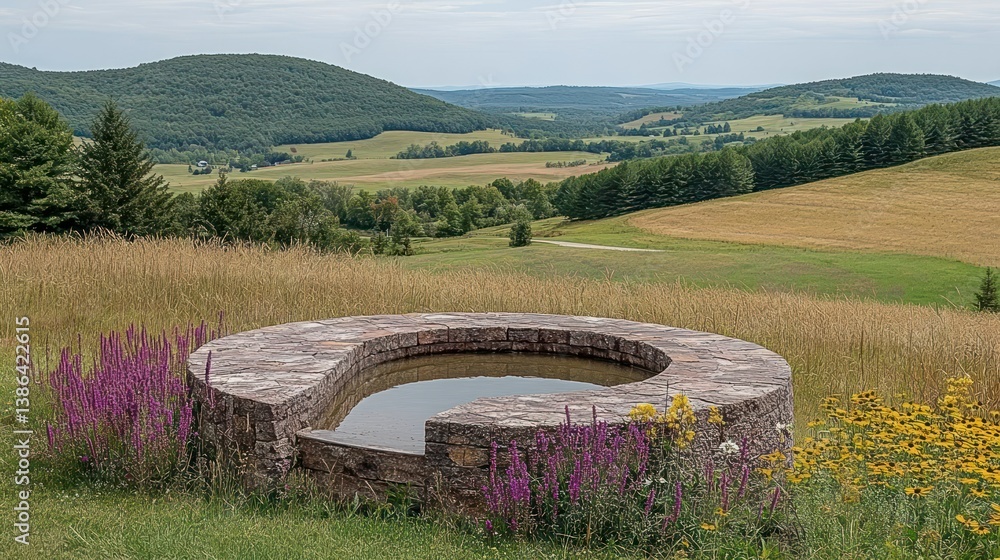 Serene Stone Basin Overlooking Rolling Hills and Fields
