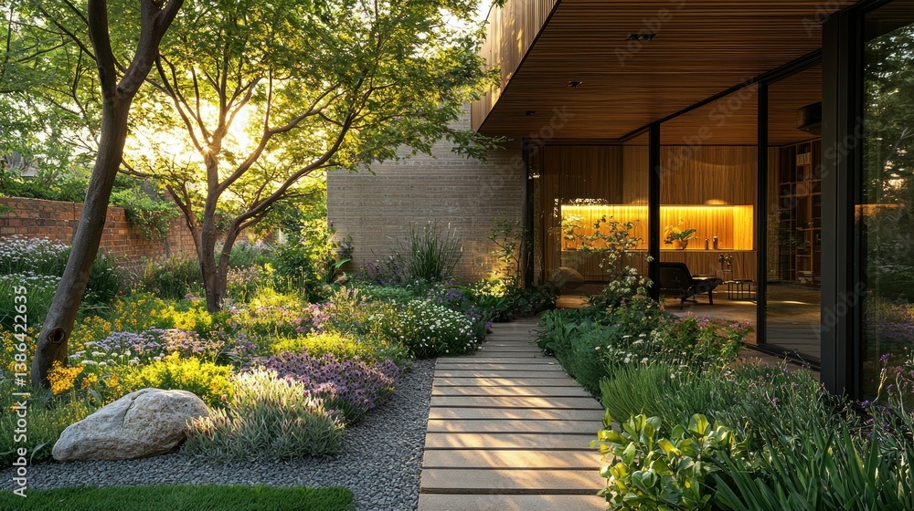 Serene Garden Path at Sunset