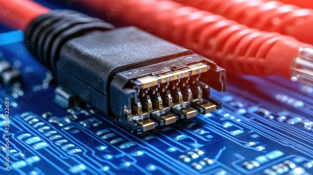 Close-up of Network Cable Connector on Circuit Board