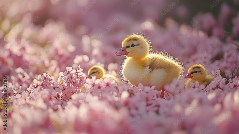 Adorable Ducklings in a Blooming Pink Paradise
