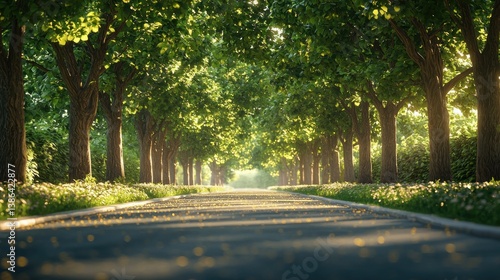 Sunlit Tree-Lined Path: A Serene Spring Morning