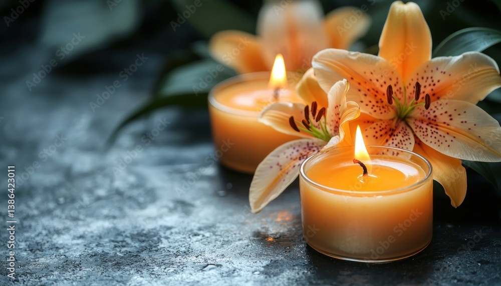 Serene Spa Setting: Luminous Candles and Orange Lilies