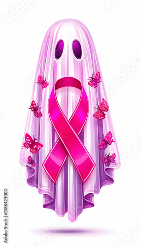 Pink ribbon on a ghost with butterflies, breast cancer awareness