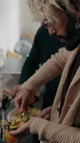 Vertical video, Gay Couple Making Breakfast Together at Home