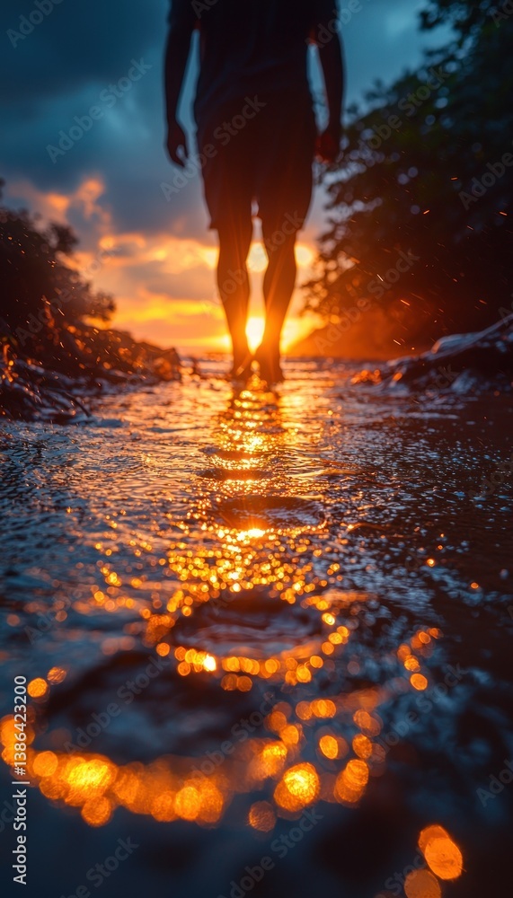Sunset Stroll: A Silhouette Walks Towards the Golden Horizon