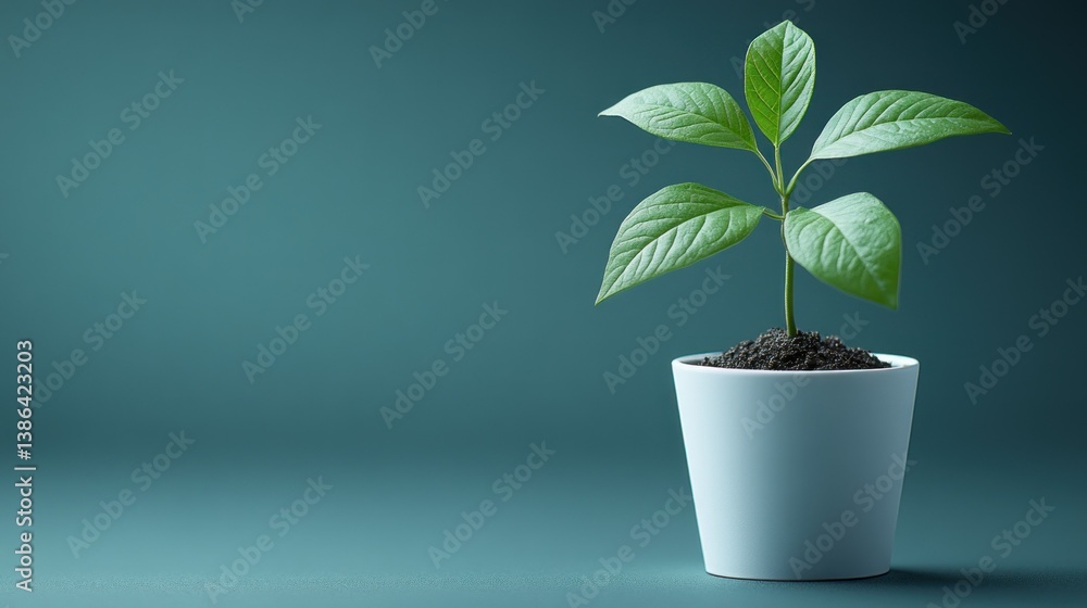 New Life, Teal Background: A Young Plant Thriving in a Light Blue Pot