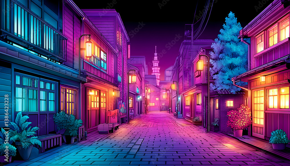 Fototapeta premium Neon-lit, traditional street at night