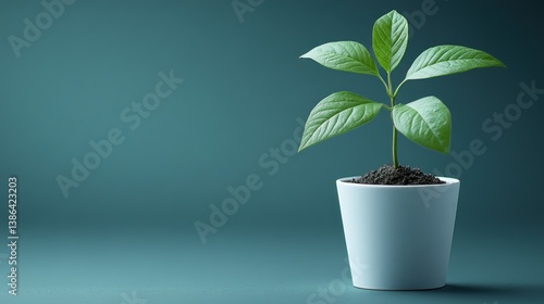 Obraz na płótnie New Life, Teal Background: A Young Plant Thriving in a Light Blue Pot w salonie