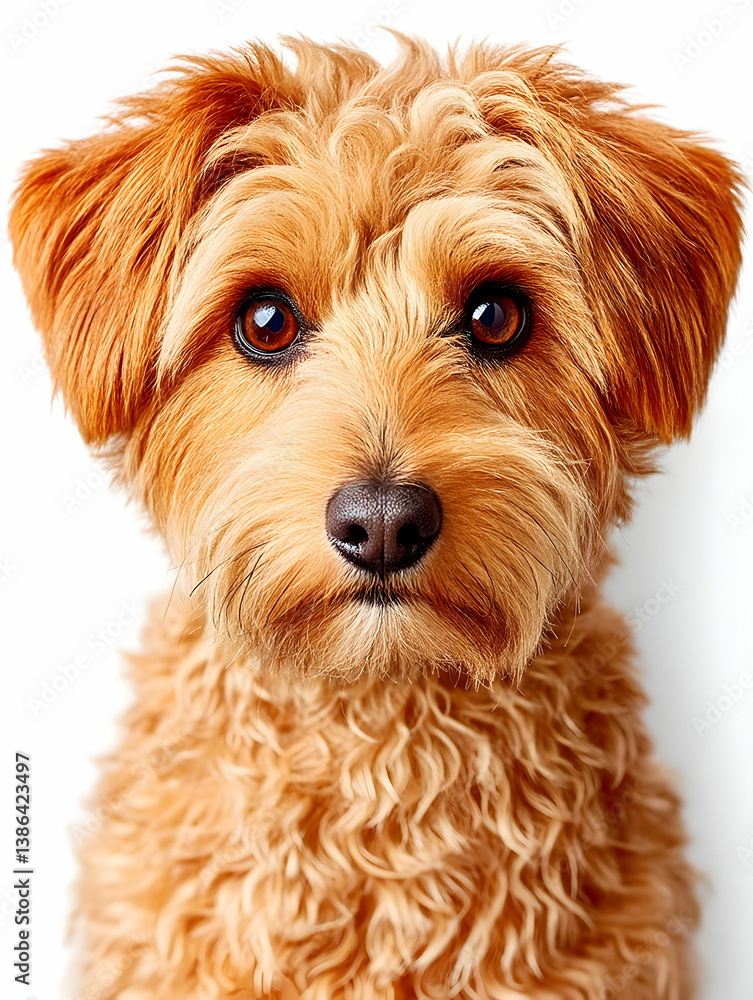 Adorable fluffy brown puppy stares intently at the camera against a white background Adorable fluffy brown puppy stares intently at the camera against a white background
