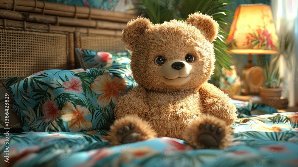 Adorable Teddy Bear on Tropical Bedding
