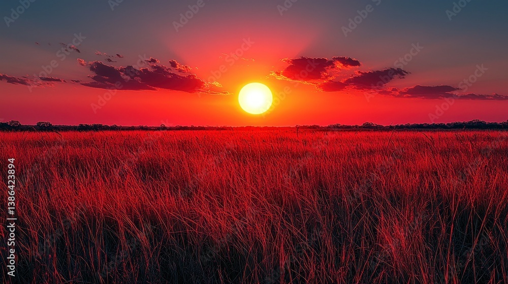 Fiery Sunset over Red Grasslands: A Stunning Natural Landscape