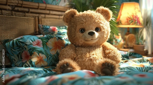 Obraz na płótnie Adorable Teddy Bear on Tropical Bedding w salonie