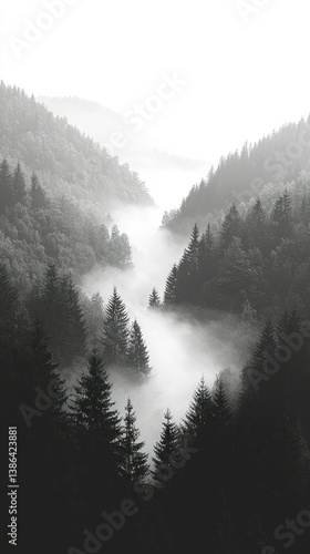 Obraz na płótnie Misty Mountain Valley: A Black and White Landscape Photography w salonie
