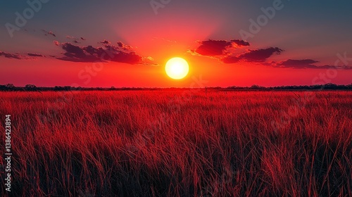 Obraz na płótnie Fiery Sunset over Red Grasslands: A Stunning Natural Landscape w salonie