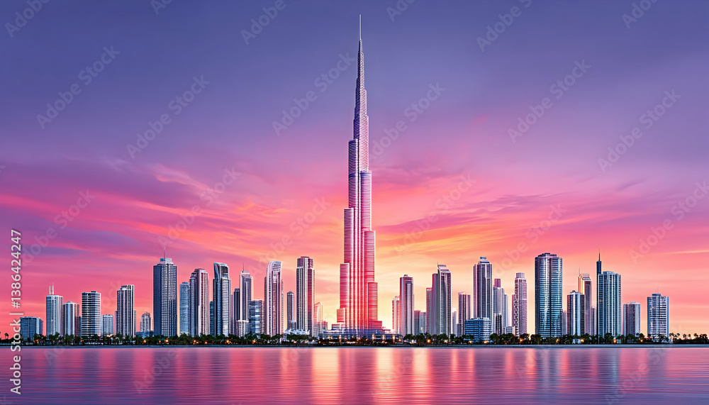 Obraz premium Majestic skyscraper at sunset, reflected in calm water, surrounded by a city skyline