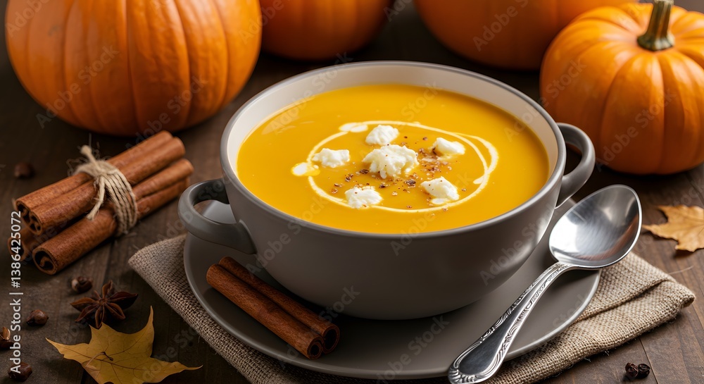 Warm pumpkin soup with cream and herbs surrounded by autumn spices and pumpkins in a cozy, seasonal kitchen setting. Warm pumpkin soup with cream and herbs surrounded by autumn spices and pumpkins in a cozy, seasonal kitchen setting.