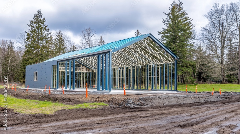 A building frame under construction with steel beams and temporary safety barriers around the site A building frame under construction with steel beams and temporary safety barriers around the site
