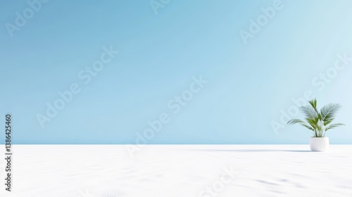 A small plant in a white pot sits on a white surface against a light blue wall. The image is simple, minimalist, and features even lighting. The colors are calm and serene, creating a peaceful mood.