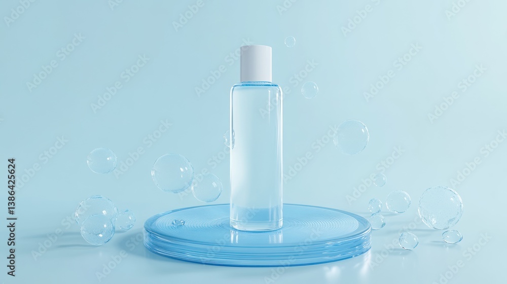 A clear bottle rests on a glass dish with many bubbles A clear bottle rests on a glass dish with many bubbles