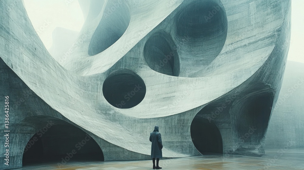 Abstract Concrete Structure: A Solitary Figure in a Foggy, Modern Architectural Masterpiece