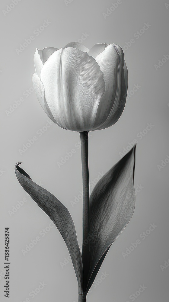 Monochromatic Elegance: A Single White Tulip in Black and White Photography