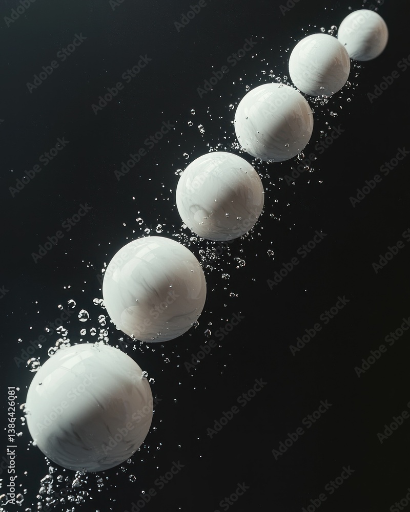Abstract White Spheres Falling Through Dark Water