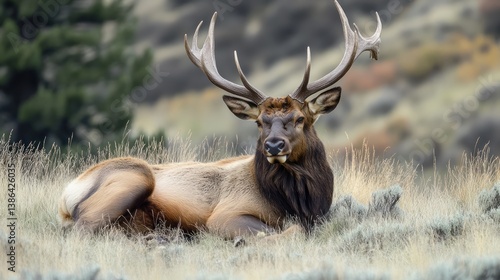 Wallpaper Mural Majestic elk resting in mountain meadow, autumn foliage background, wildlife photography Torontodigital.ca