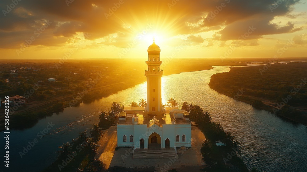 Golden Mosque Sunset: Aerial View of a Majestic Mosque at Sunrise