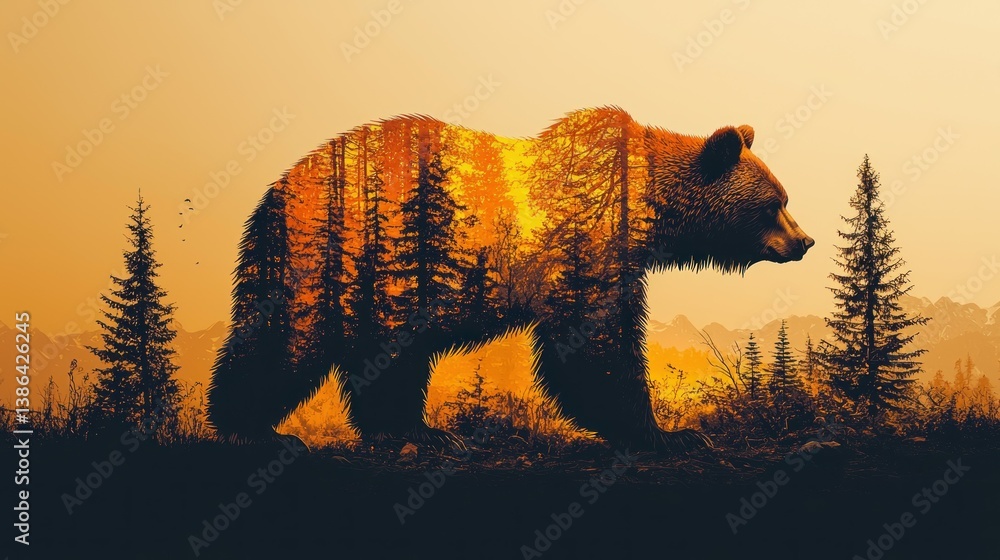 Majestic Bear Silhouette: A Double Exposure of Nature's Majesty at Sunset