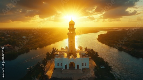 Obraz na płótnie Golden Mosque Sunset: Aerial View of a Majestic Mosque at Sunrise w salonie