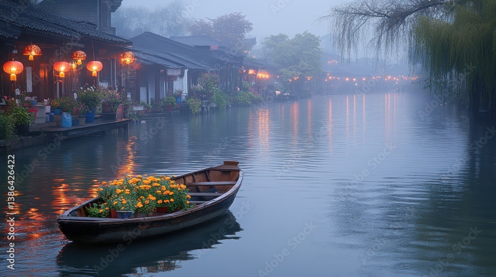 Serene Morning in a Misty Canal Town