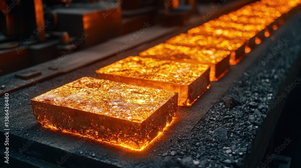 Glowing Hot Metal Ingots on Conveyor Belt in Steel Mill