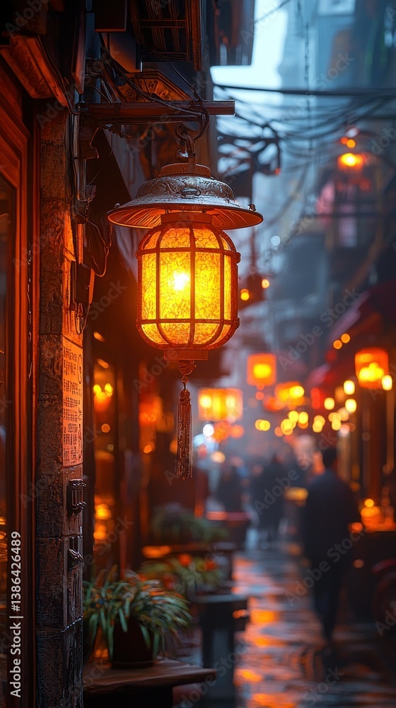 Enchanted Evening in a Chinese Alleyway: A Glimmering Lantern's Glow