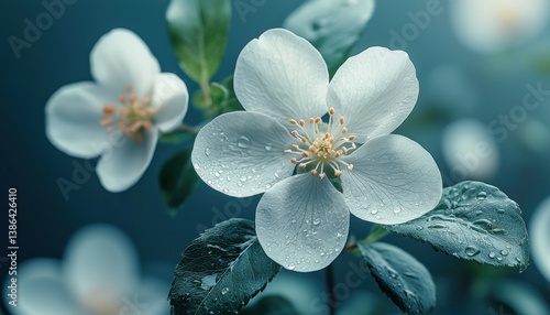 Obraz na płótnie Delicate Dew-Kissed Blossoms: A Springtime Symphony of White Petals w salonie