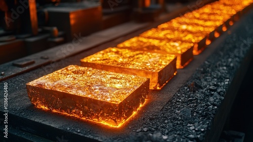 Obraz na płótnie Glowing Hot Metal Ingots on Conveyor Belt in Steel Mill w salonie