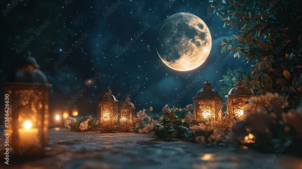 Enchanted Night: Moonlit Garden with Glowing Lanterns