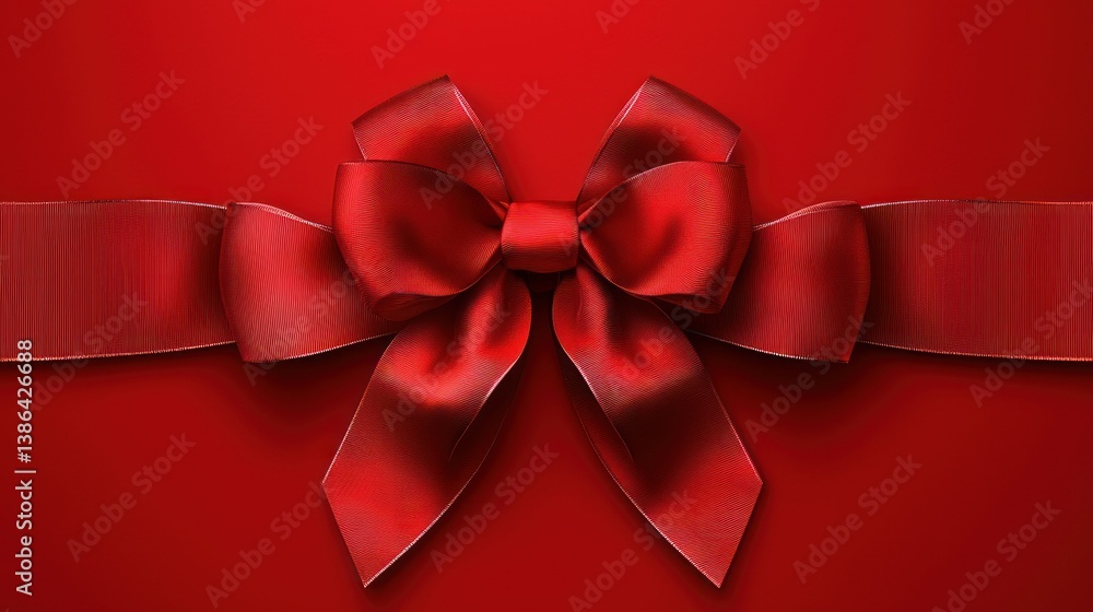 Elegant Red Satin Ribbon Bow on Red Background: A Festive Gift Presentation