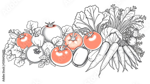 A vibrant assortment of garden vegetables, including tomatoes, carrots, and leafy greens, rendered in a detailed, artistic style. Fresh garden bounty.