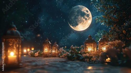 Obraz na płótnie Enchanted Night: Moonlit Garden with Glowing Lanterns w salonie