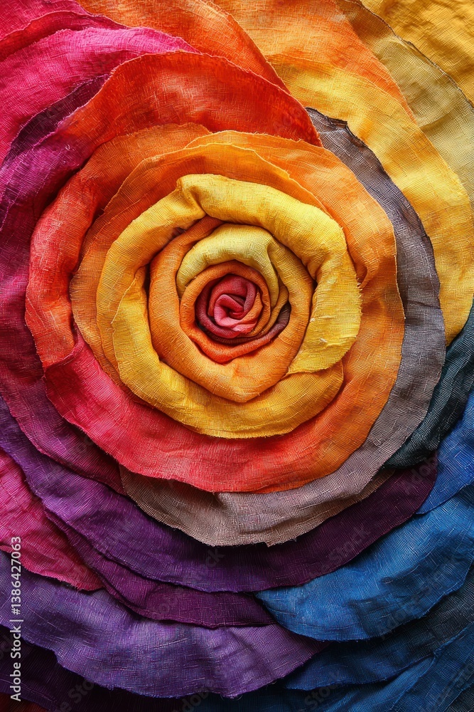 Rainbow Rose Textile Art: A vibrant close-up of a meticulously crafted fabric rose, showcasing a spectrum of colors from deep reds to blues, creating a stunning visual masterpiece.