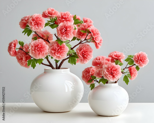 Two white vases hold delicate pink artificial flower arrangements