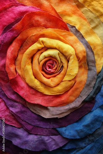 Obraz na płótnie Rainbow Rose Textile Art: A vibrant close-up of a meticulously crafted fabric rose, showcasing a spectrum of colors from deep reds to blues, creating a stunning visual masterpiece. w salonie