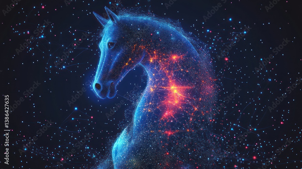 Naklejka premium Glowing Horse, digital art, cosmic background, fantasy, advertising